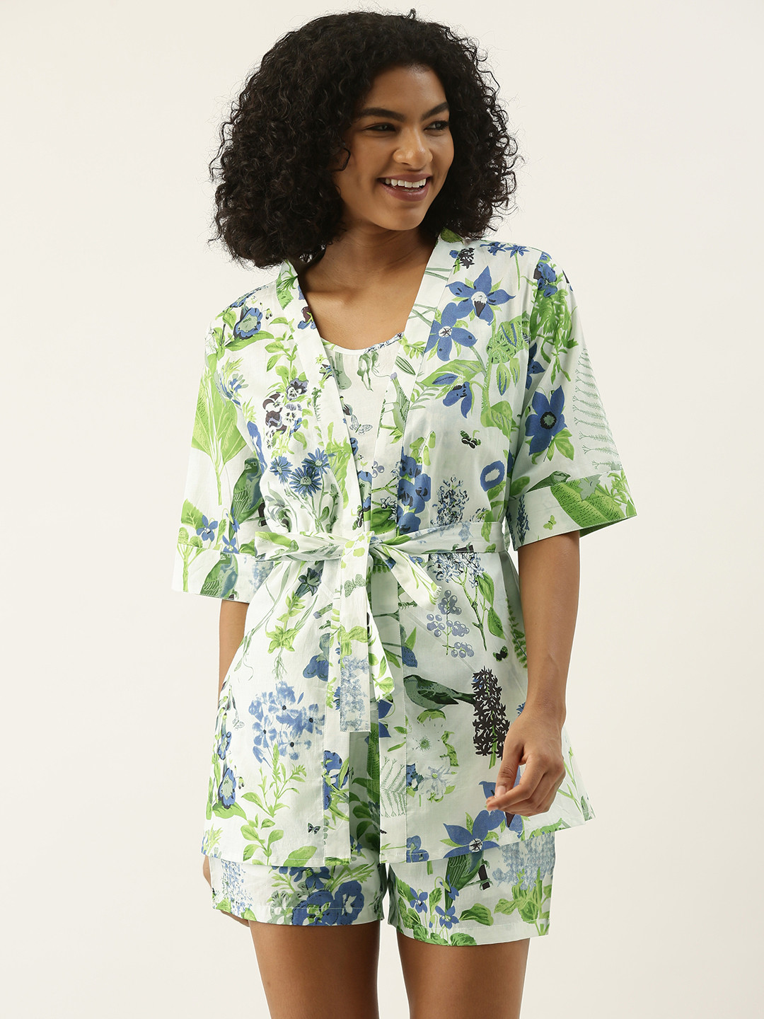 SANSKRUTIHOMES Women White & Green Printed Cotton Shorts Set with Robe