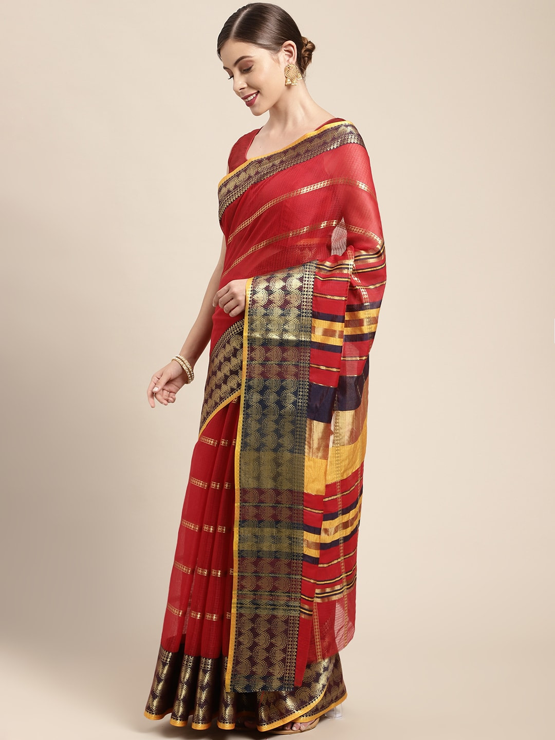 Leeza Store Red Woven Design Taant Saree