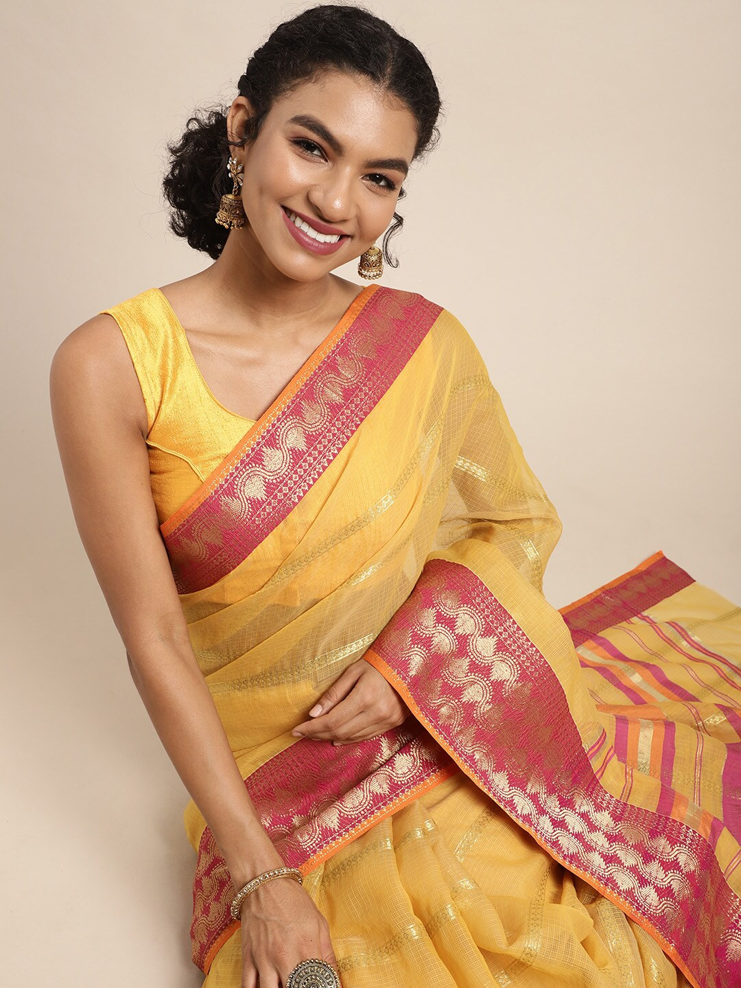 Leeza Store Yellow & Red Woven Design Taant Saree