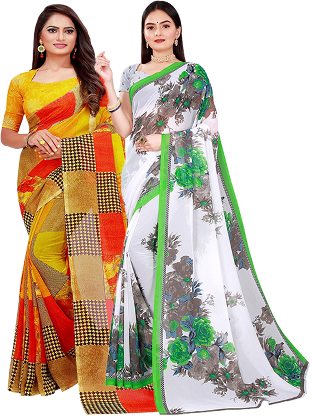 Florence Pack of 2 Yellow & White Printed Pure Georgette Saree