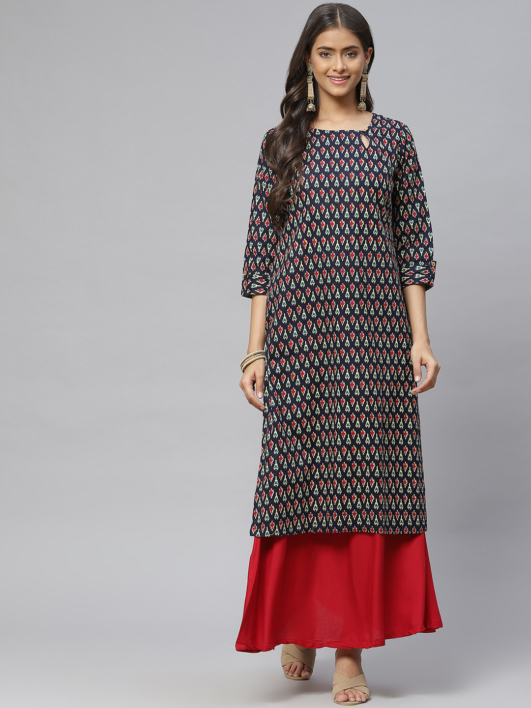 Aarika Women Navy Blue & Red Ethnic Motifs Printed Pure Cotton Kurta