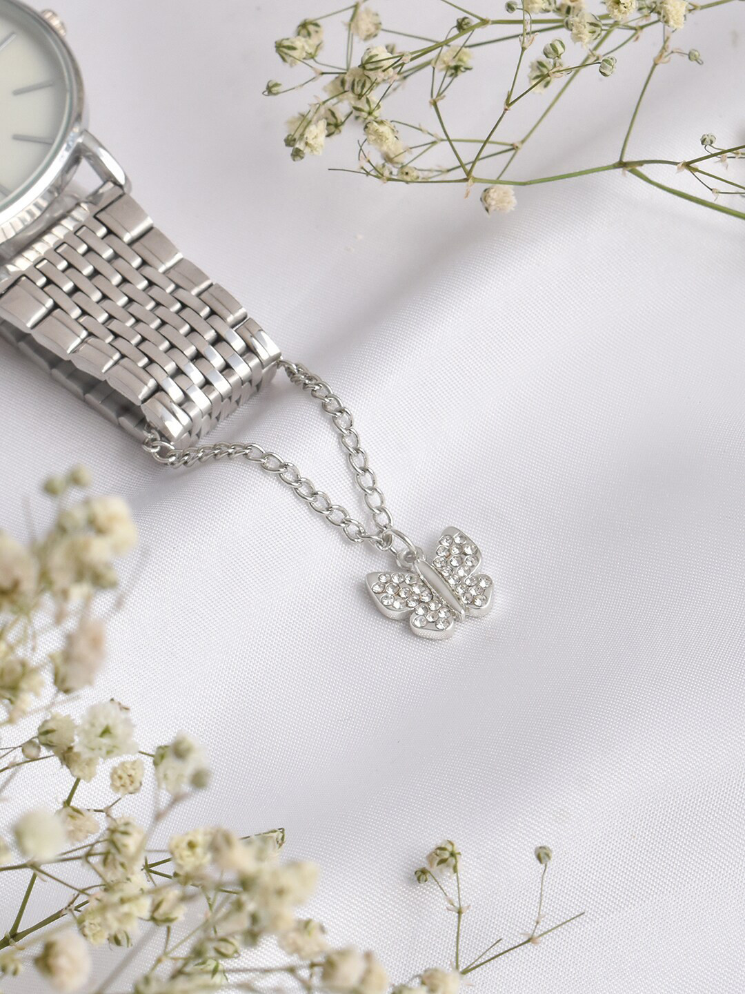 JOKER & WITCH Butterfly Rhinestone Silver-Toned Watch Charm