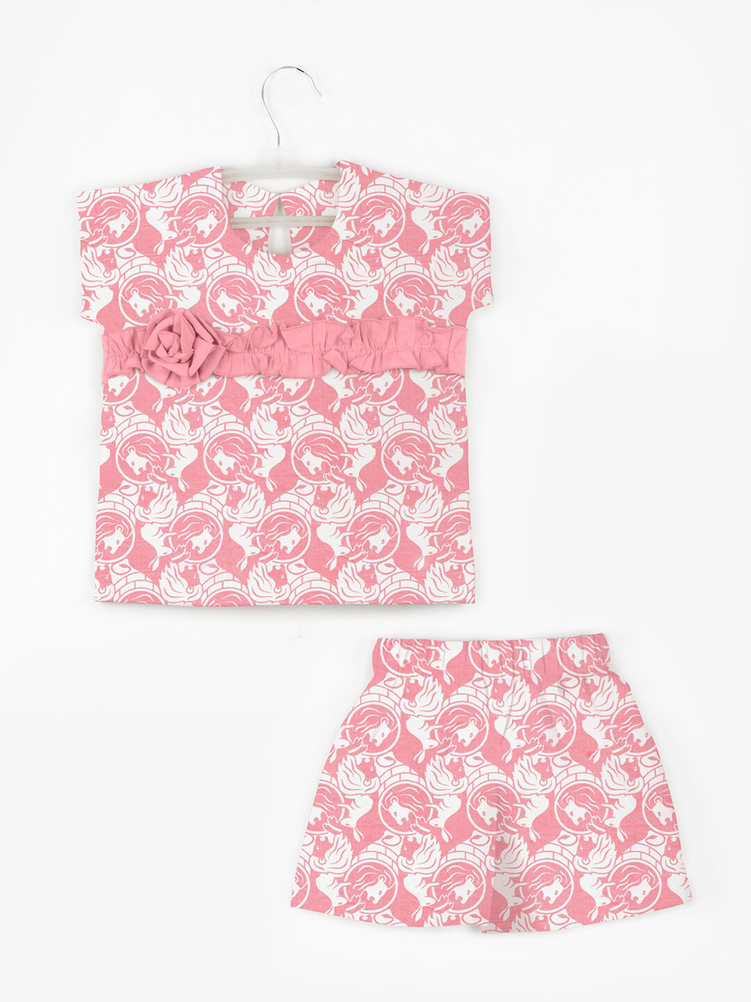 STORY TAILOR Girls Peach-Coloured Printed Cotton Top with Shorts