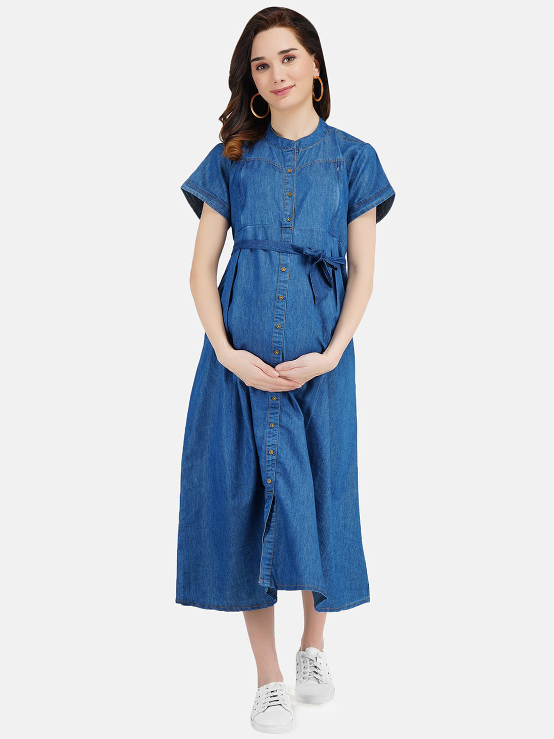 KOI SLEEPWEAR Blue Denim Fit and Flare Maternity Midi Dress