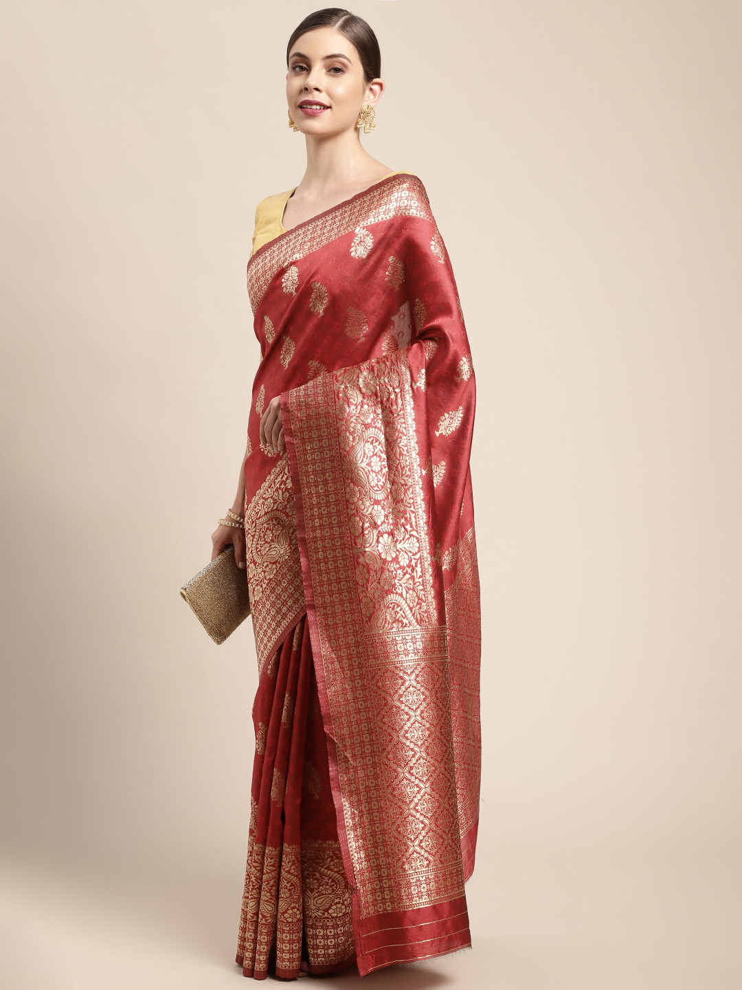 Leeza Store Red Woven Design Silk Blend Banarasi Saree