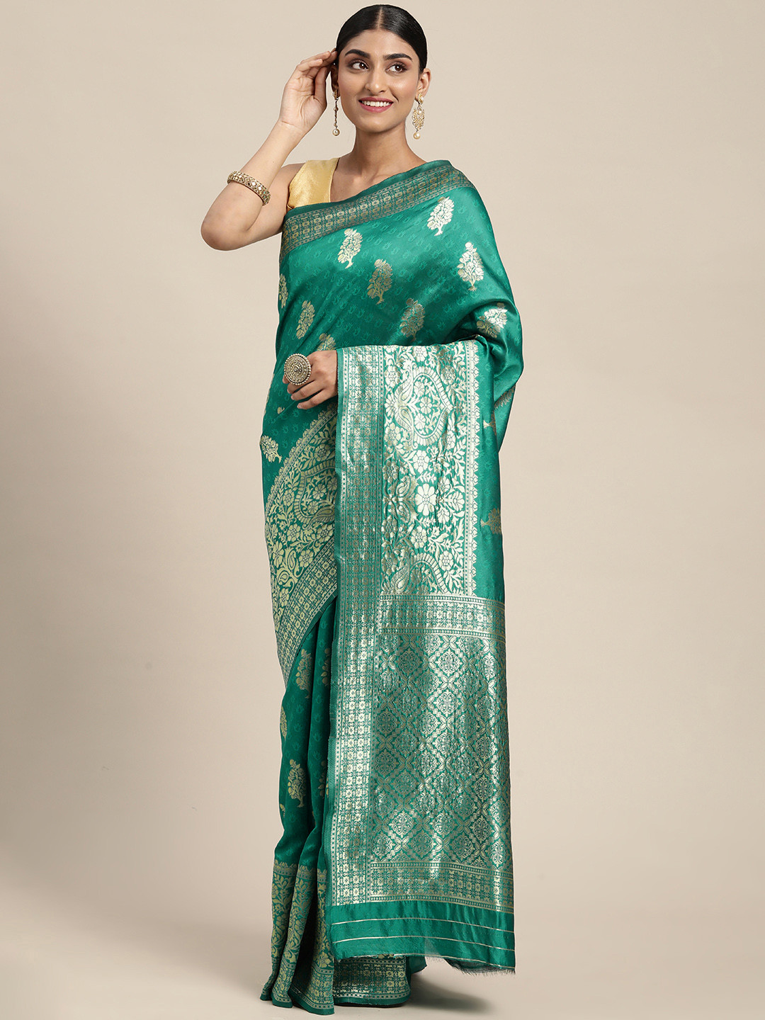 Leeza Store Turquoise Blue & Golden Ethnic Motifs Zari Silk Blend Banarasi Saree