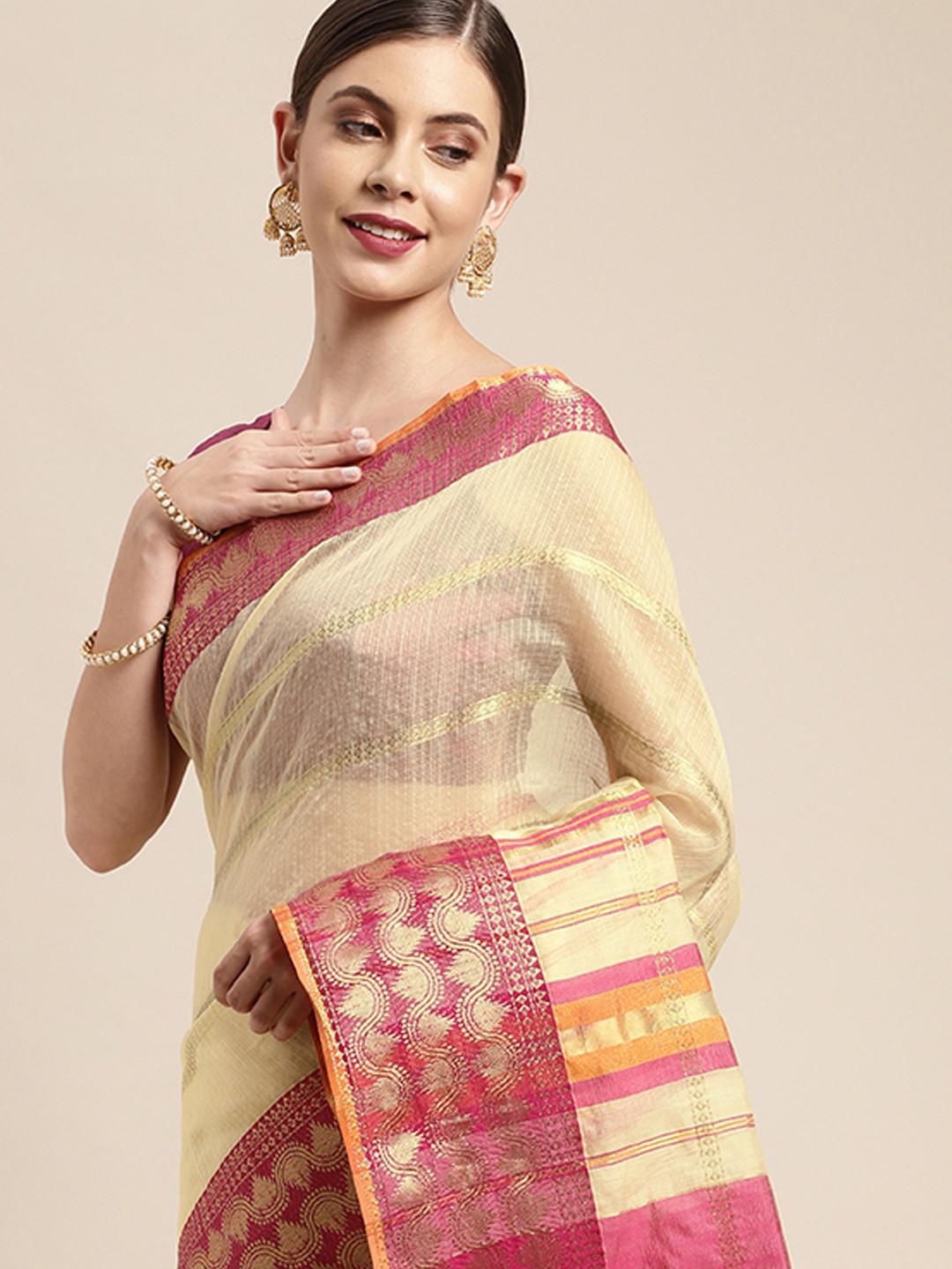 Leeza Store Cream-Coloured & Pink Woven Design Taant Saree