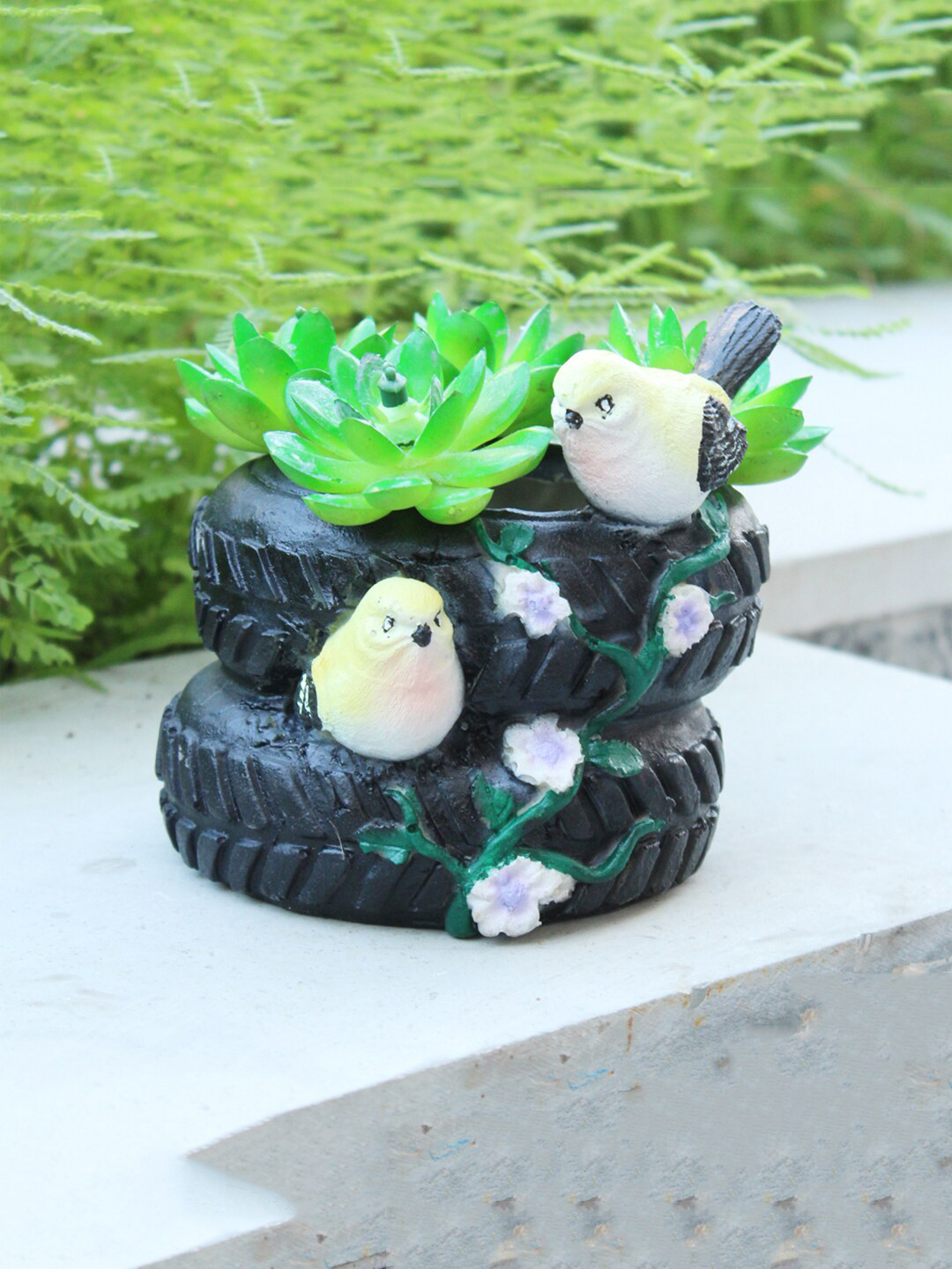 Wonderland Grey Tyre Planter With Two Birds