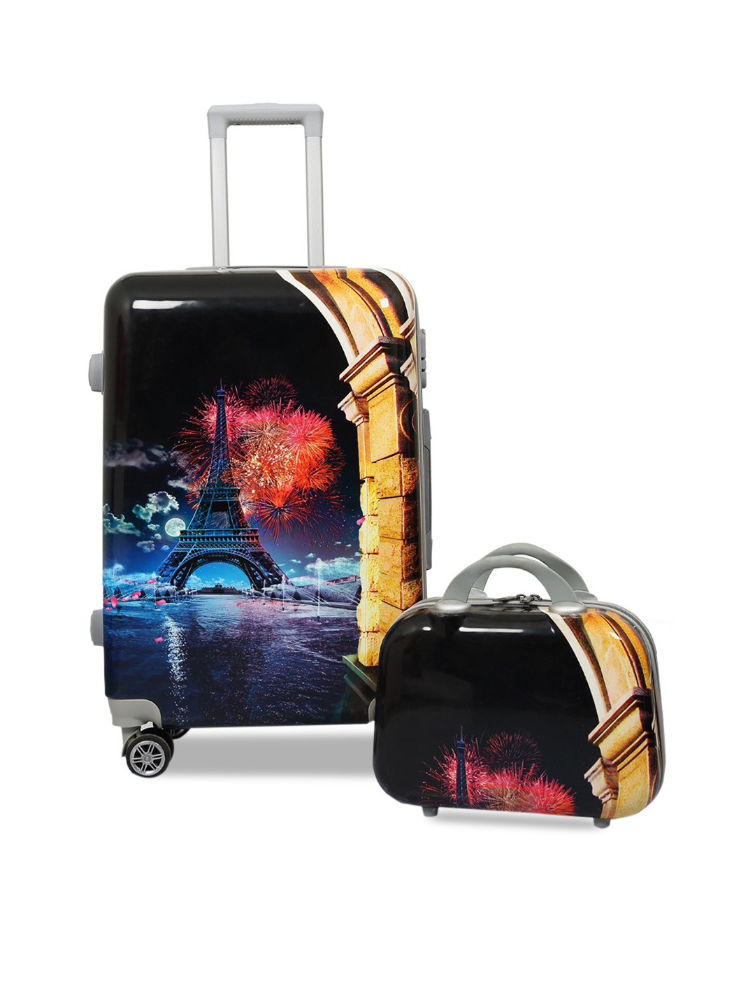 Polo Class Set Of 2 Black & Brown Printed Hard Case Trolley Suitcases & Vanity Bags