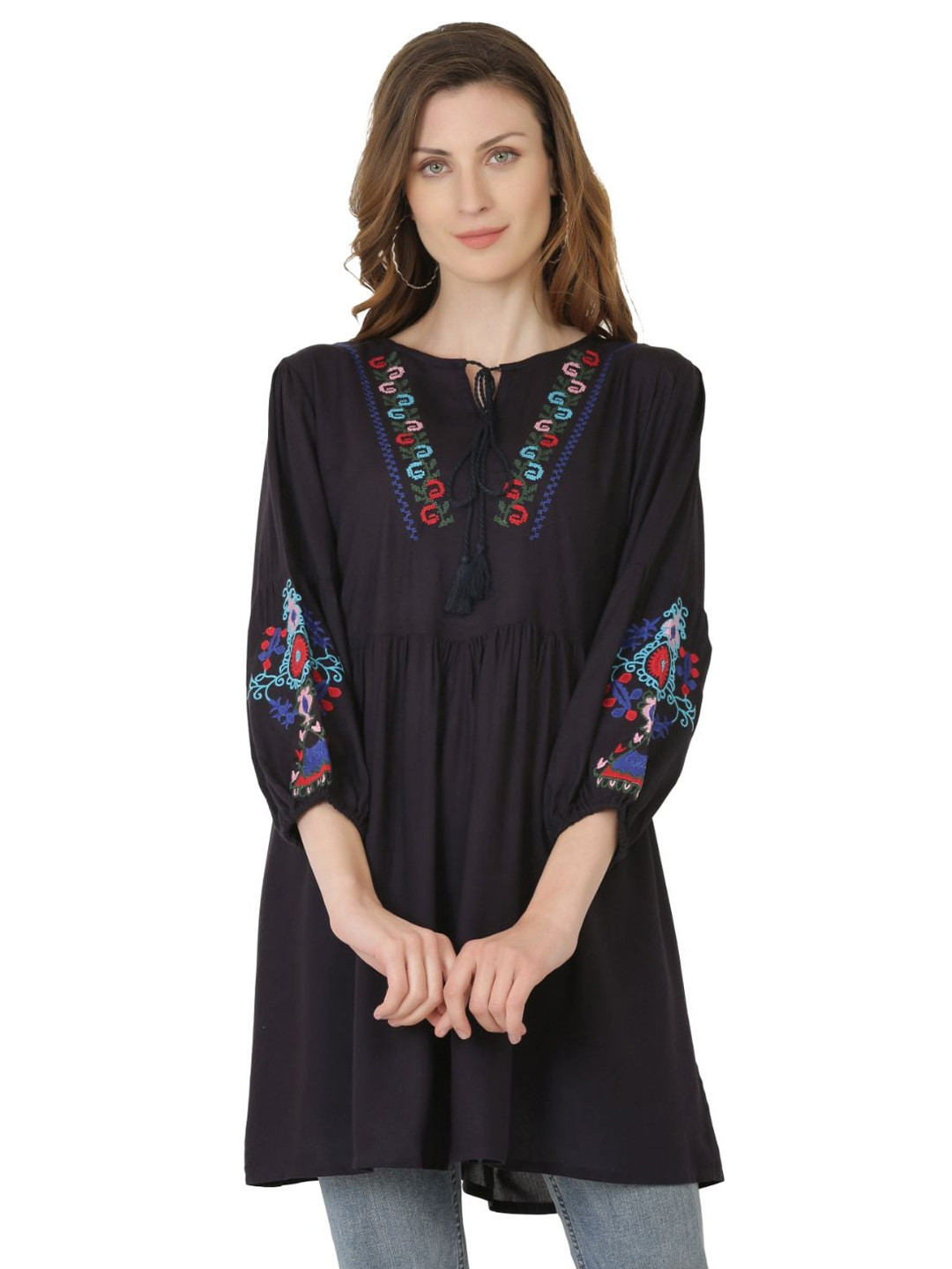 SAAKAA Women Navy Blue Geometric Embroidered Top