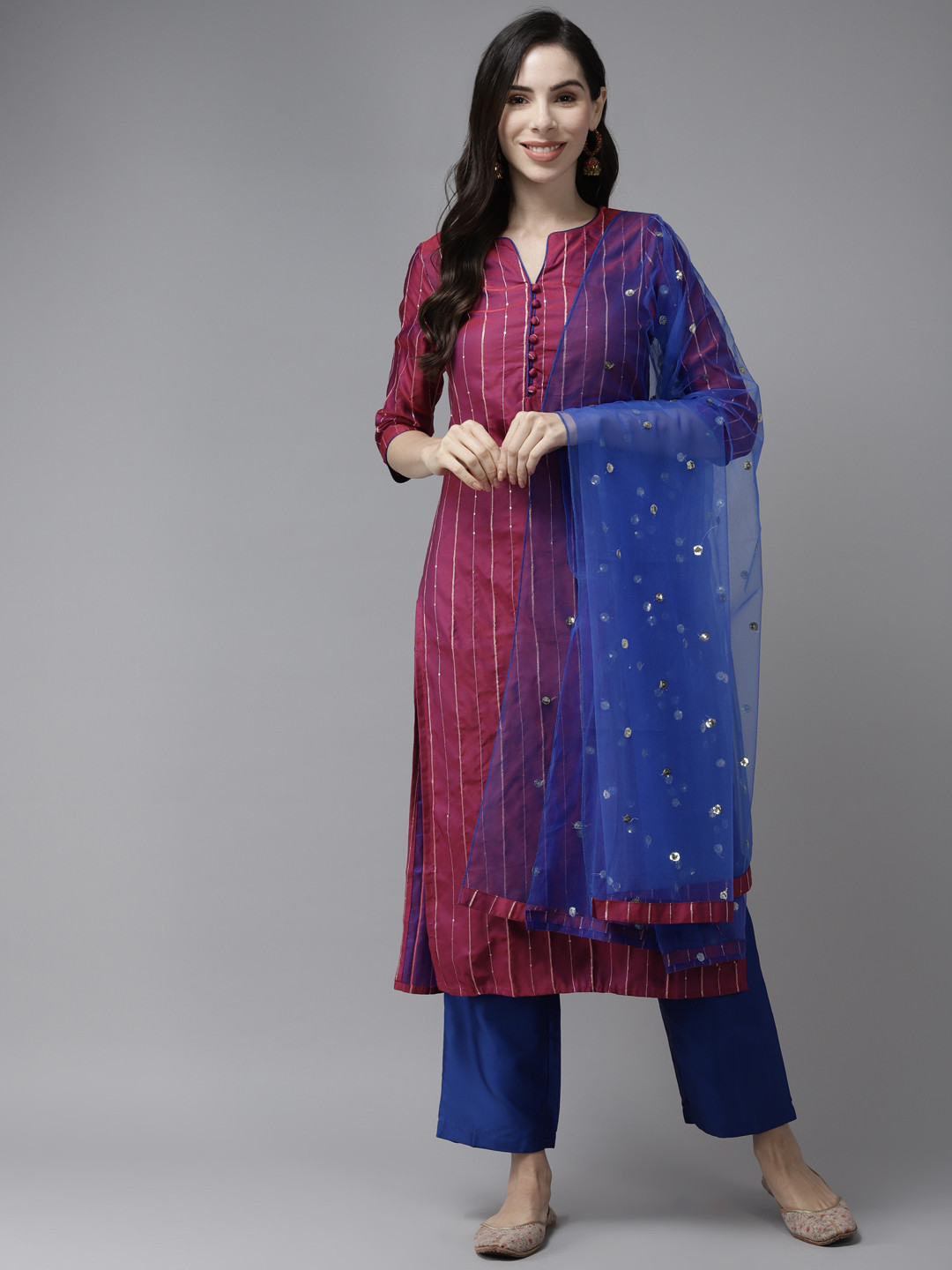 PANIT Women Burgundy & Blue Striped Sequinned Kurta with Trousers & With Dupatta