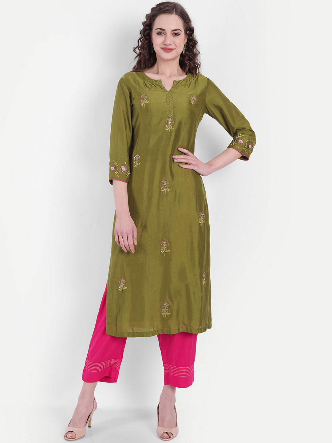 SUTI Women Olive Green & Pink Floral Printed Kurta with Trousers