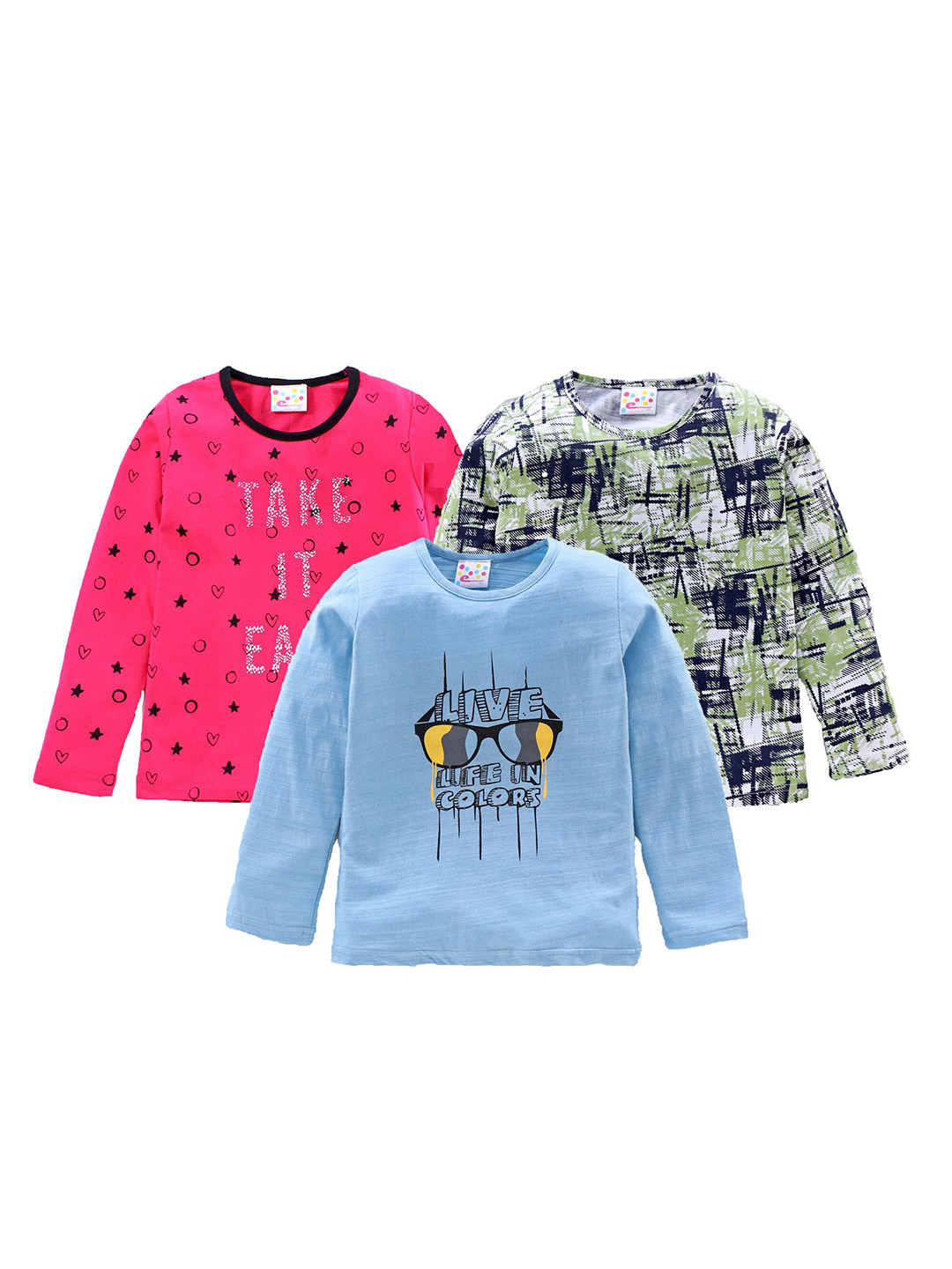 Eimoie Girls Pink & Blue Printed Full Sleeves Pure Cotton T-shirt Pack Of 3