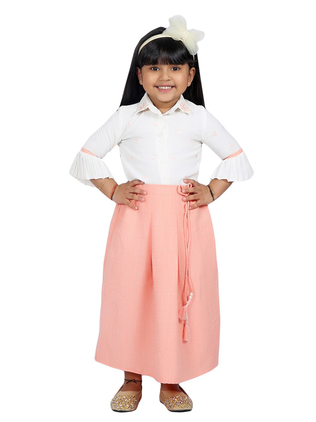 TIC TAC TOE Girls Peach-Coloured & White Top with Skirt
