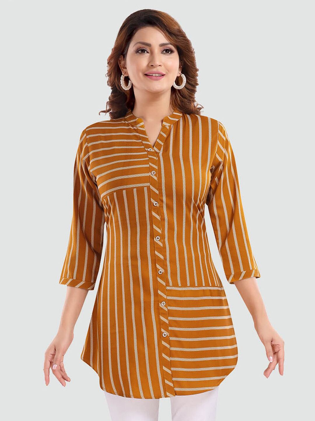 Saree Swarg Mustard & White Mandarin Collar Striped Tunic