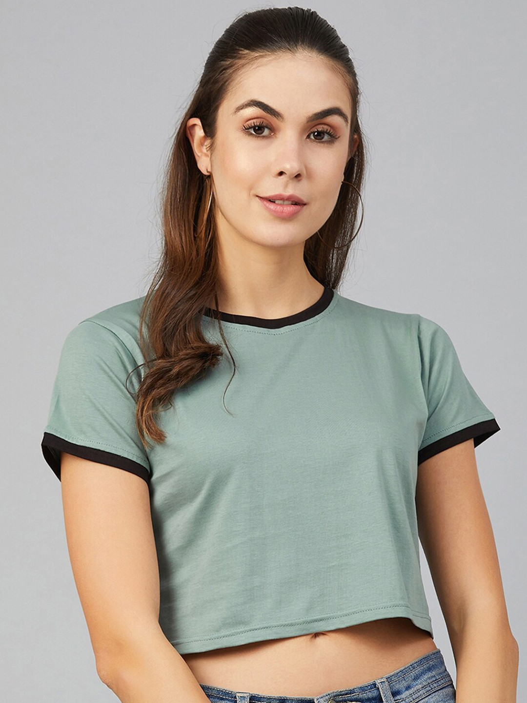 CHIMPAAANZEE Women Green Pure Cotton Crop T-shirt