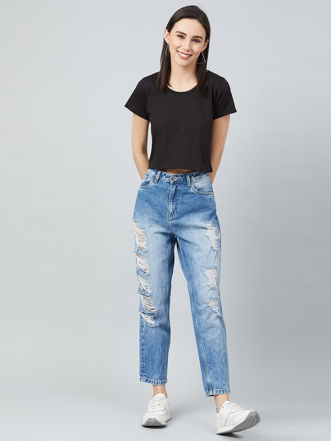 CHIMPAAANZEE Women Black Cotton Crop T-shirt