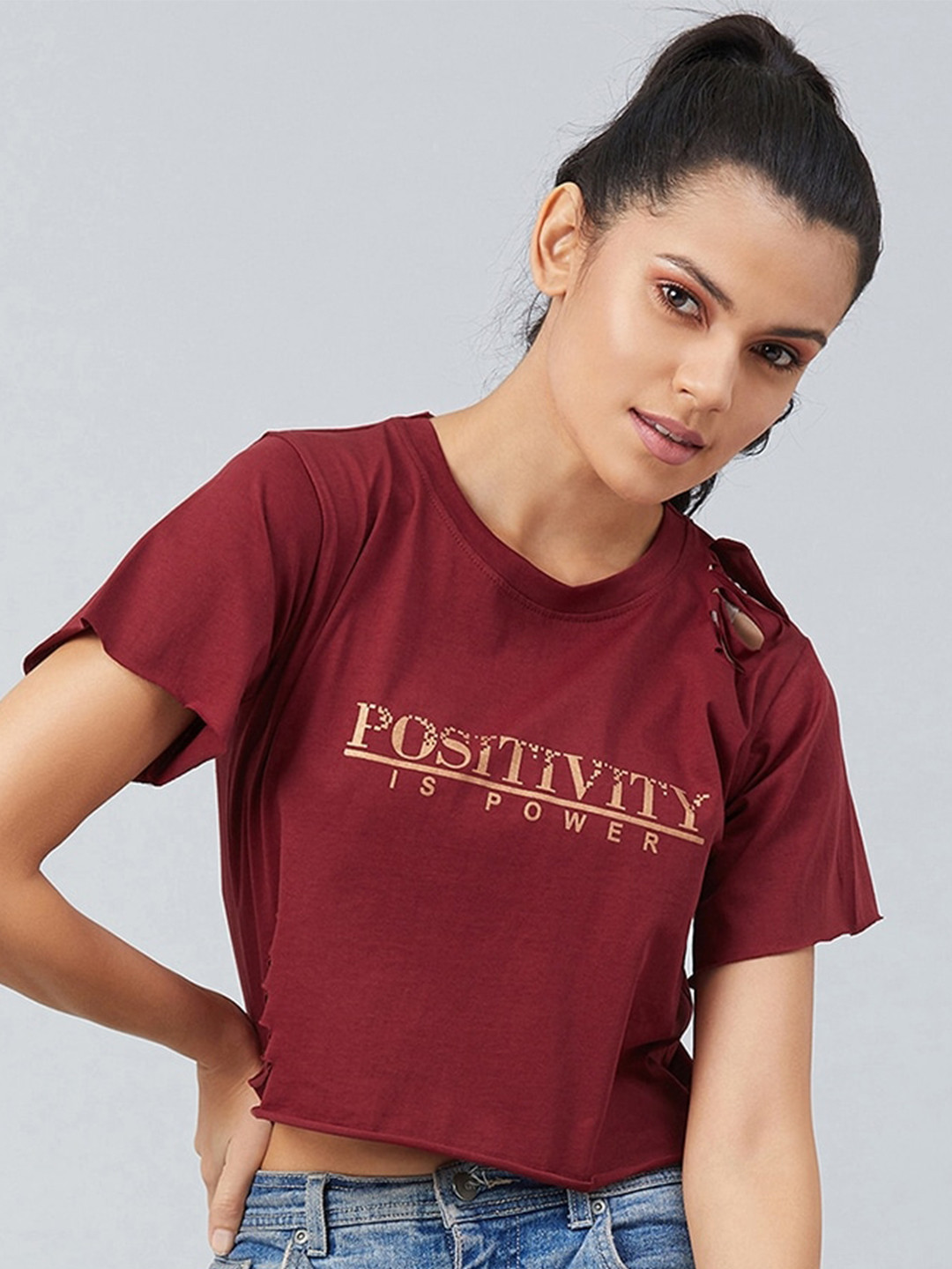 CHIMPAAANZEE Women Maroon Typography Print 100% Cotton Crop T-shirt