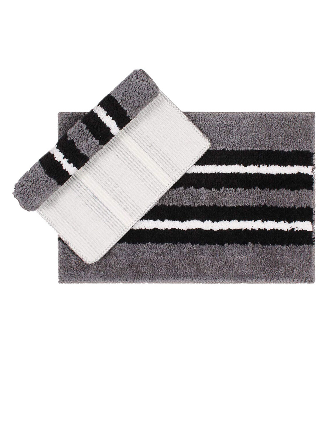 LUXEHOME INTERNATIONAL Set of 2 Grey & White Stripped Bath Rugs