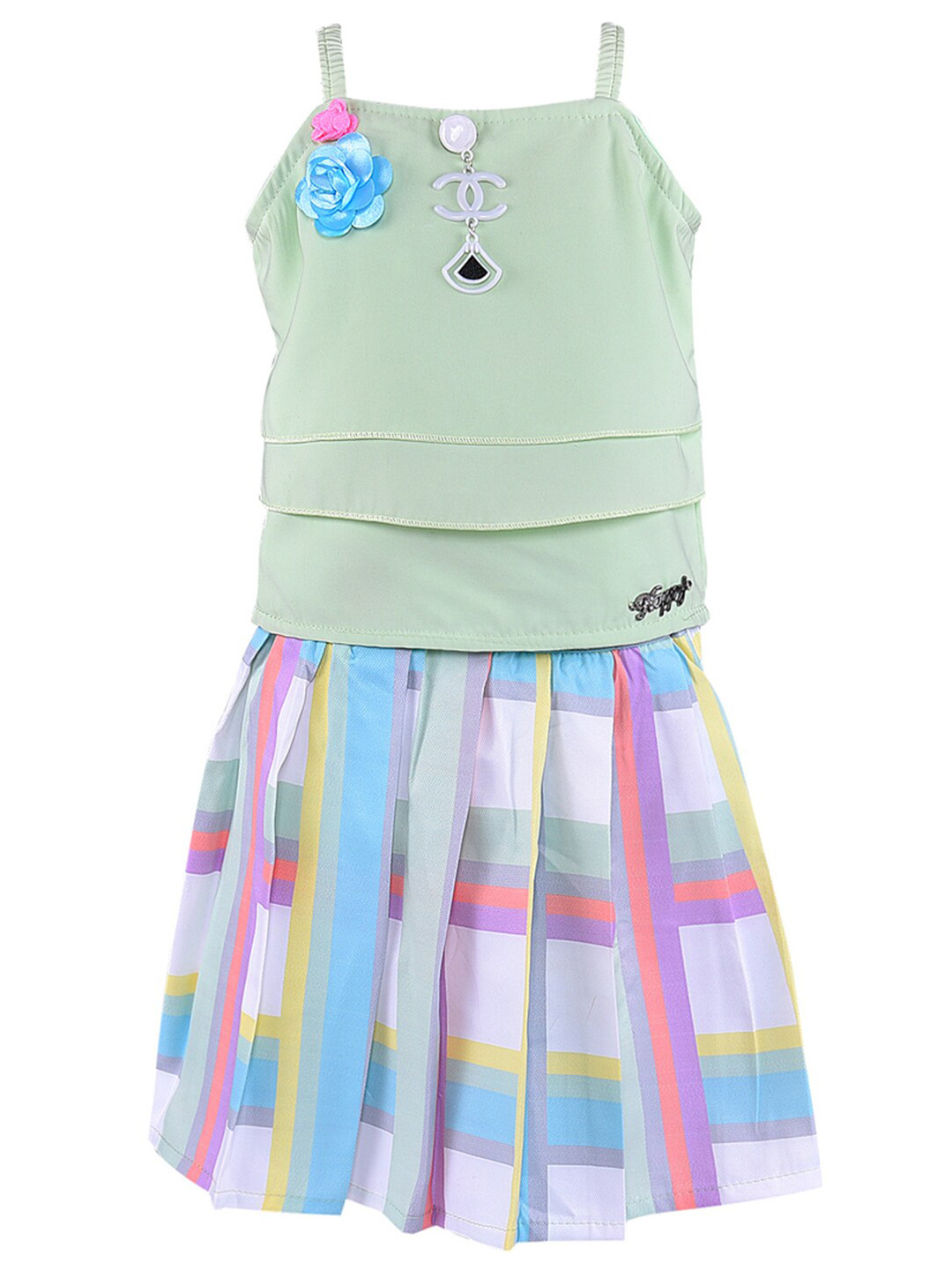 Wish Karo Girls Green & Pink Top with Skirt
