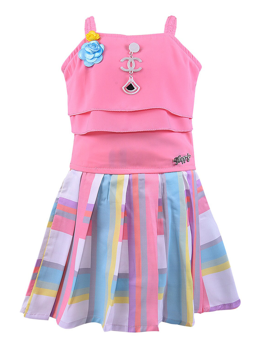 Wish Karo Girls Pink & Blue Top with Skirt