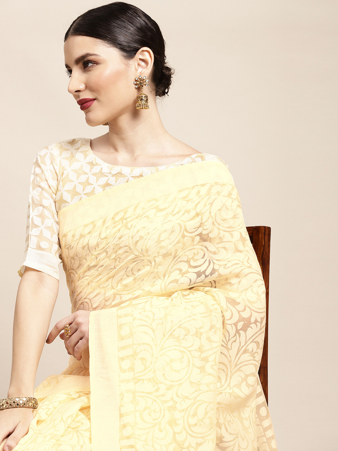 KALINI Cream-Coloured Ethnic Motifs Woven Design Brasso Chanderi Saree