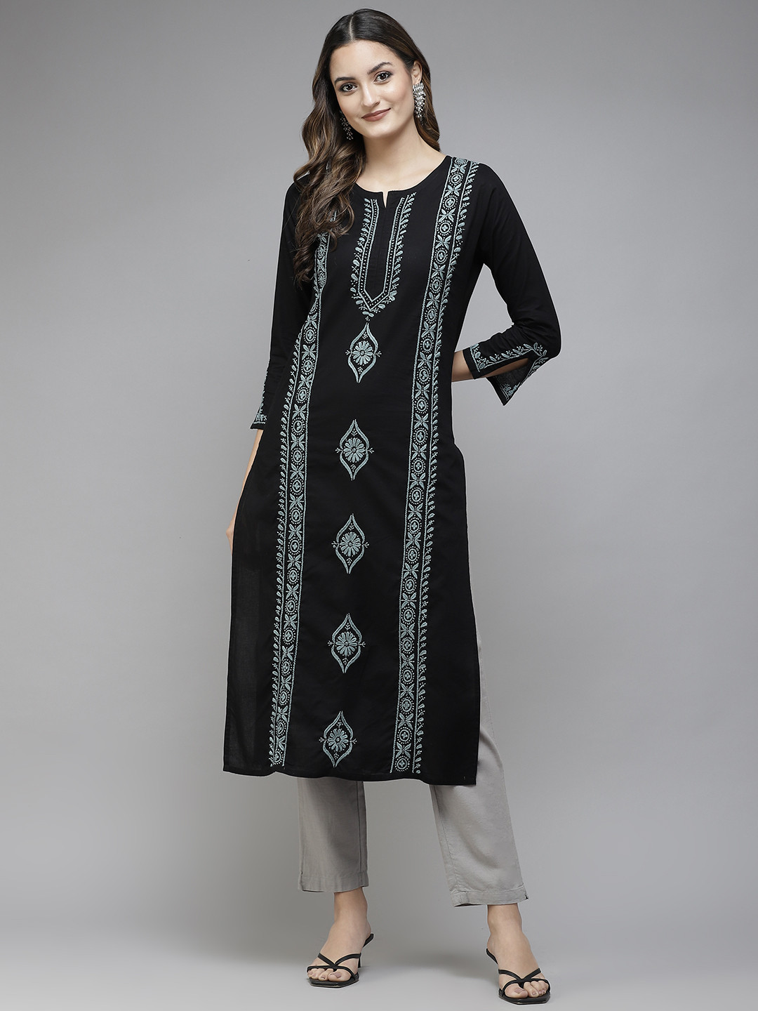 ADA Women Black & Grey Ethnic Motifs Embroidered Chikankari Handloom Handloom Kurta