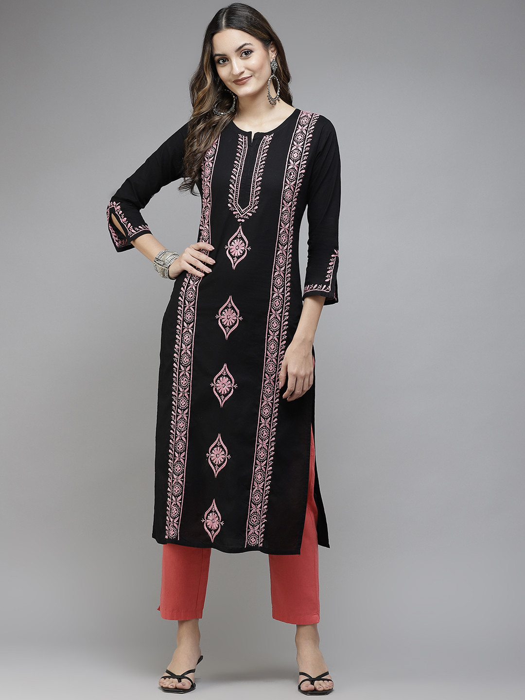 ADA Women Black & Pink Ethnic Motifs Embroidered Chikankari Handloom Handloom Kurta
