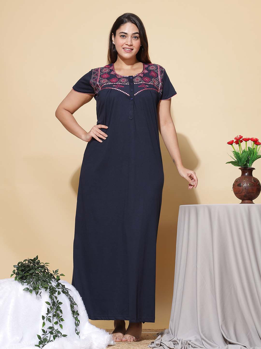 9shines Label Navy Blue Solid Maxi Nightdress