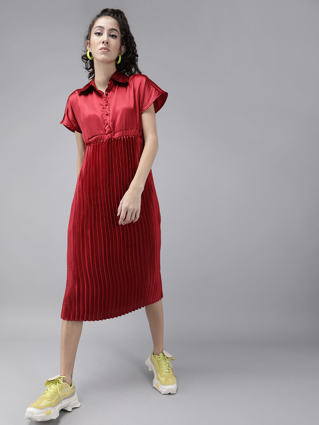 The Dry State Women Red Striped Satin Shirt Midi Dress