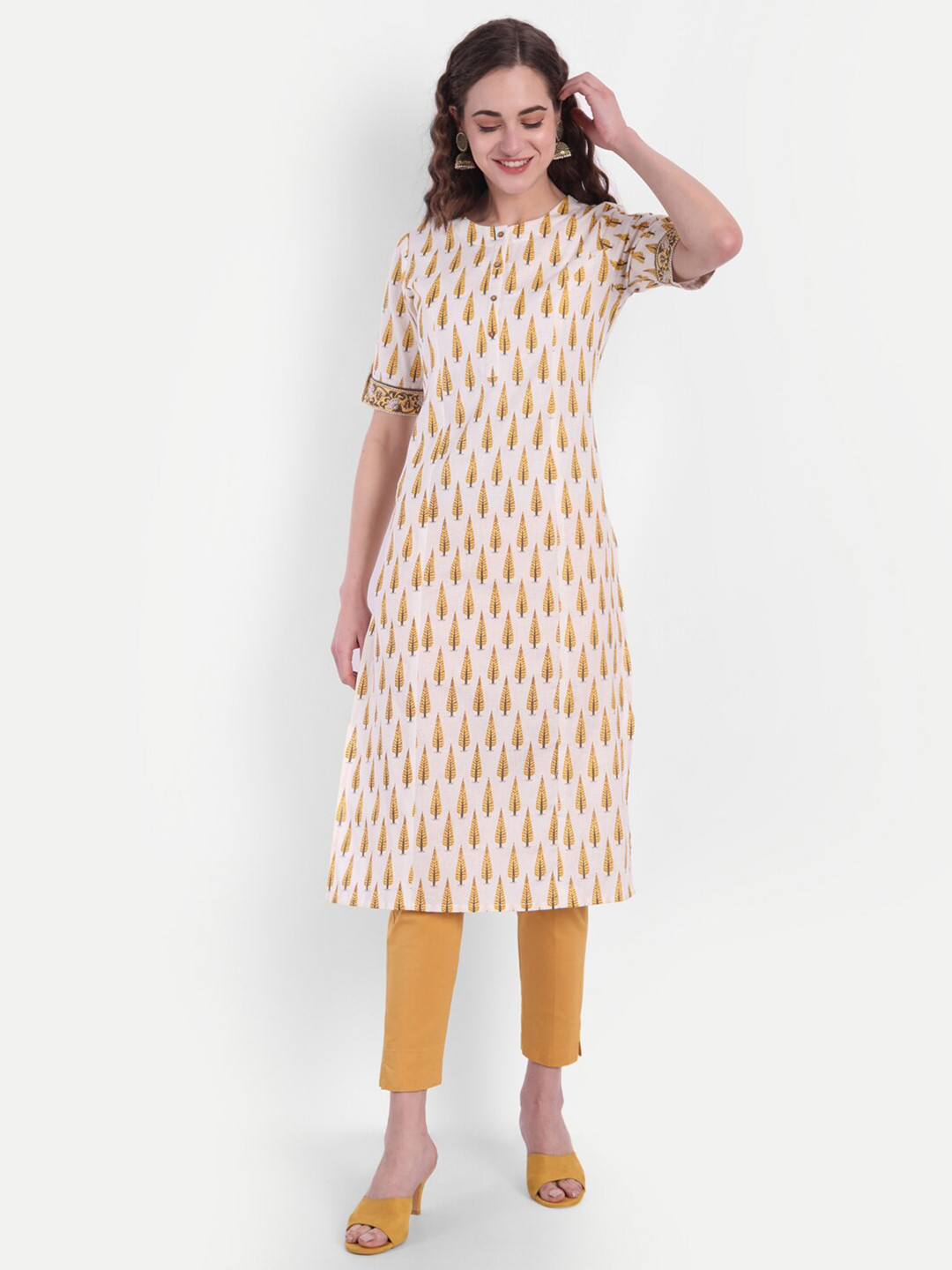 SUTI Woman Cream-Colour & Yellow Floral Printed Pure Cotton Straight Kurti