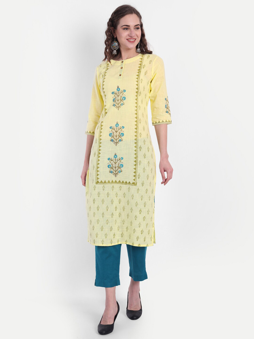 SUTI Women Yellow & Olive Green Ethnic Motifs Hand Block Printed Straight Cotton Kurta