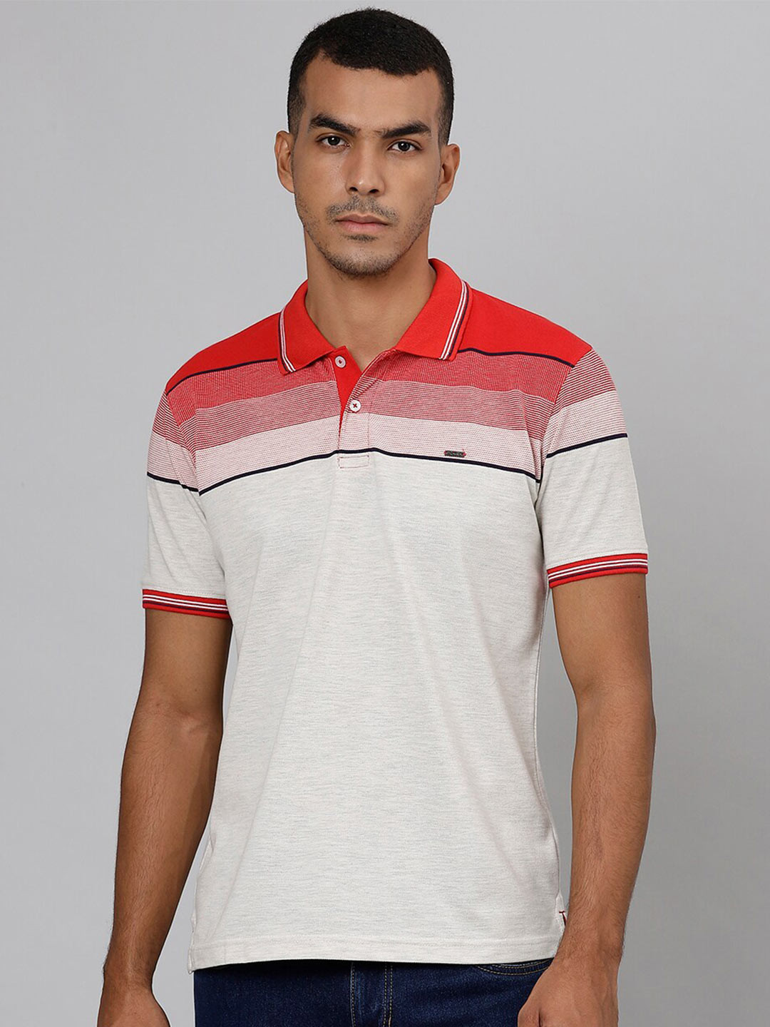 Richlook Men Red & Beige Striped Polo Collar Slim Fit T-shirt