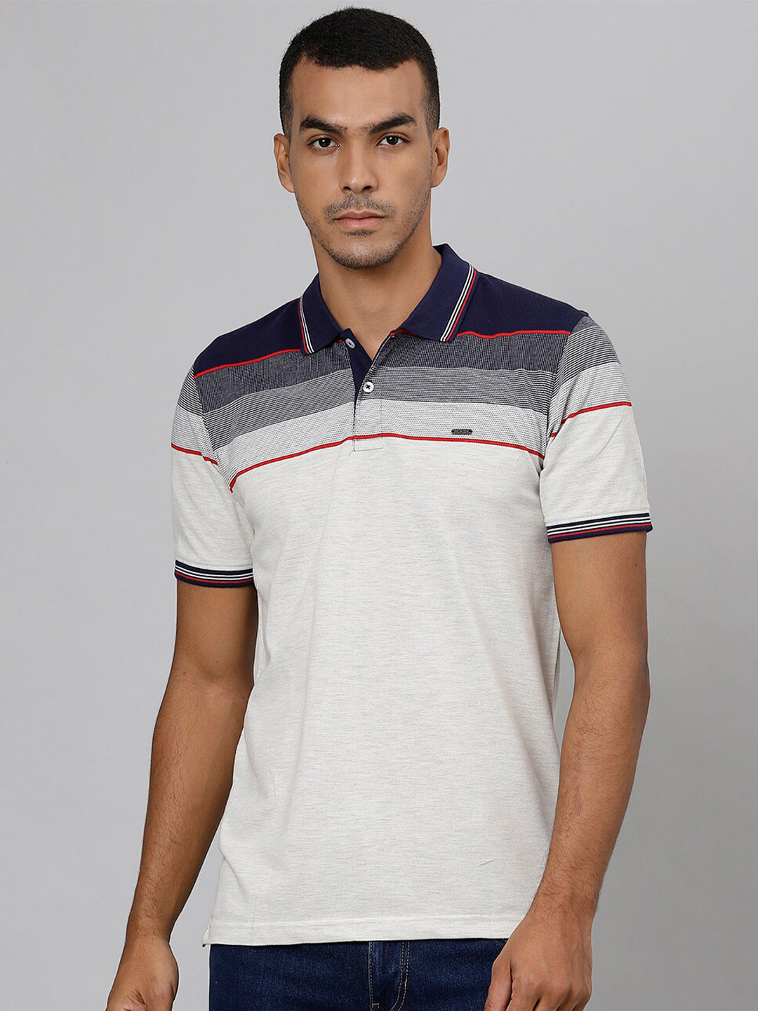 Richlook Men White & Navy Blue Polo Collar Slim Fit T-shirt