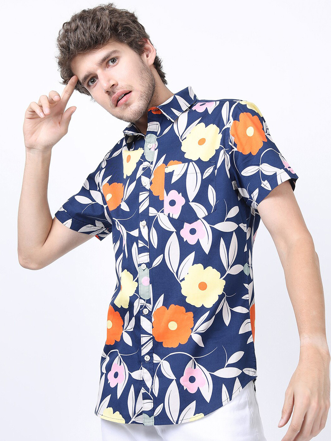 KETCH Men Navy Blue Slim Fit Floral Printed Cotton Casual Shirt