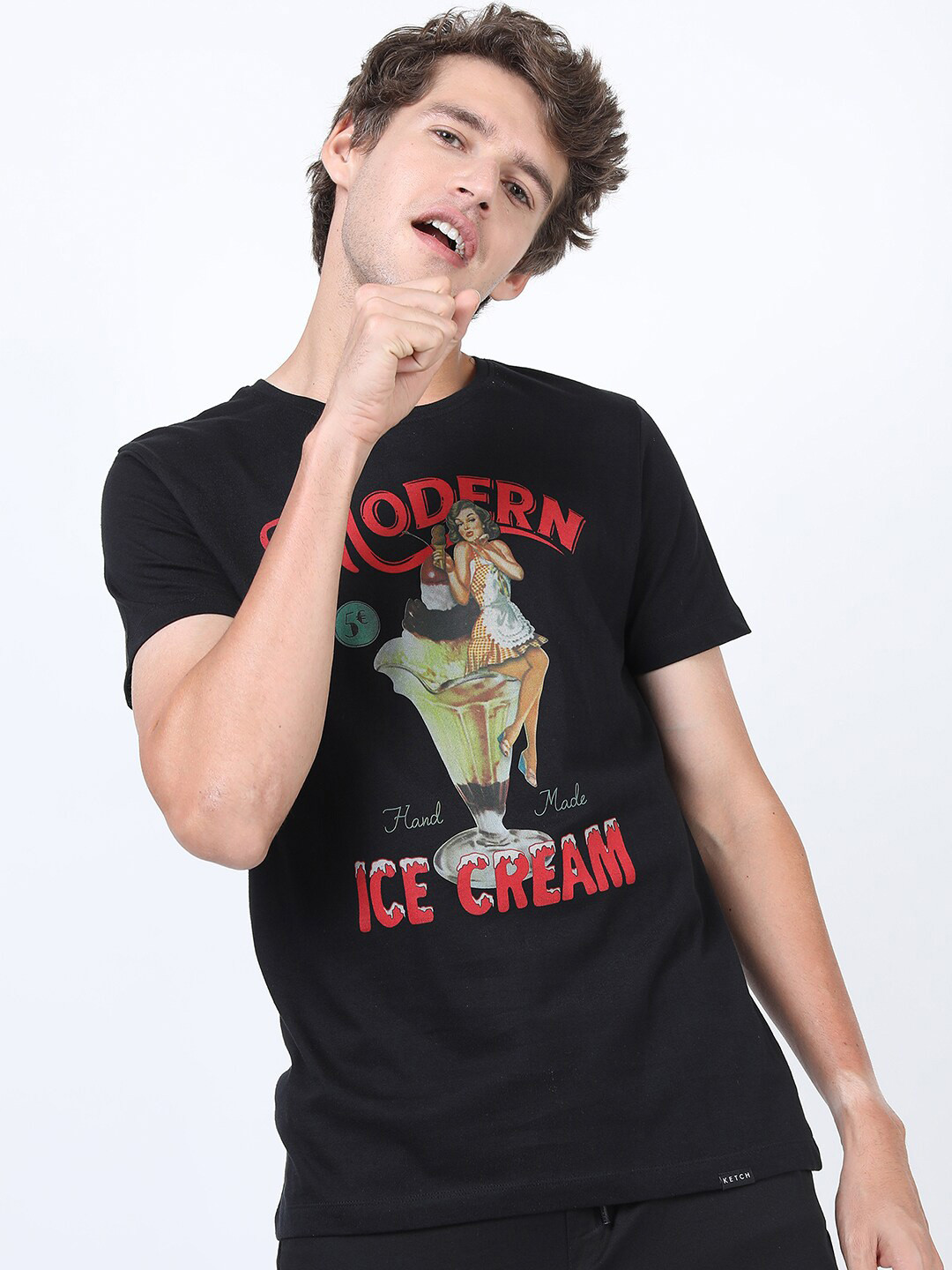 KETCH Men Black & Red Printed Slim Fit Cotton T-shirt