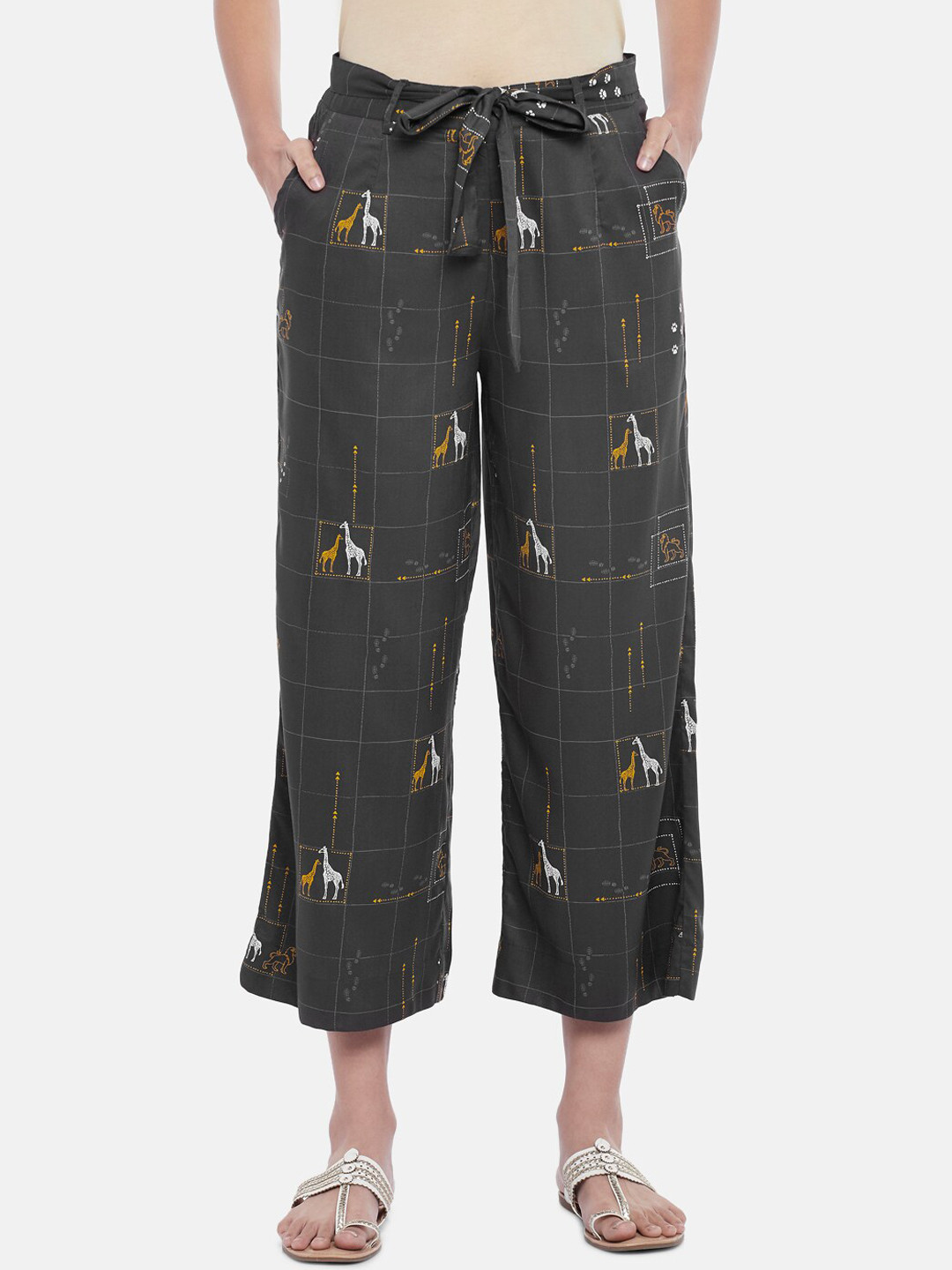 AKKRITI BY PANTALOONS Women Charcoal Grey & White Printed Trousers