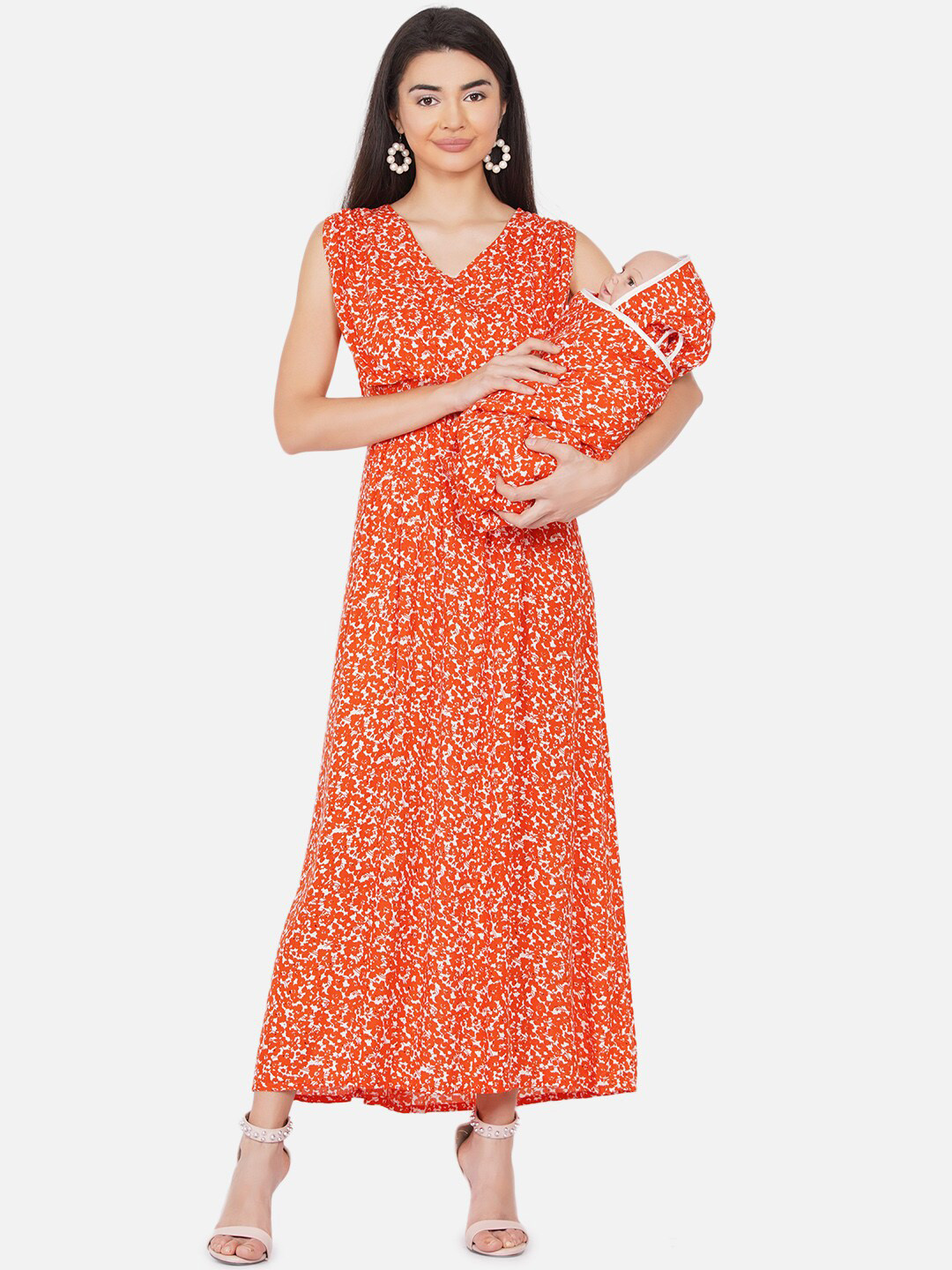 Mine4Nine Women Orange Floral Maternity A-Line Maxi Dress