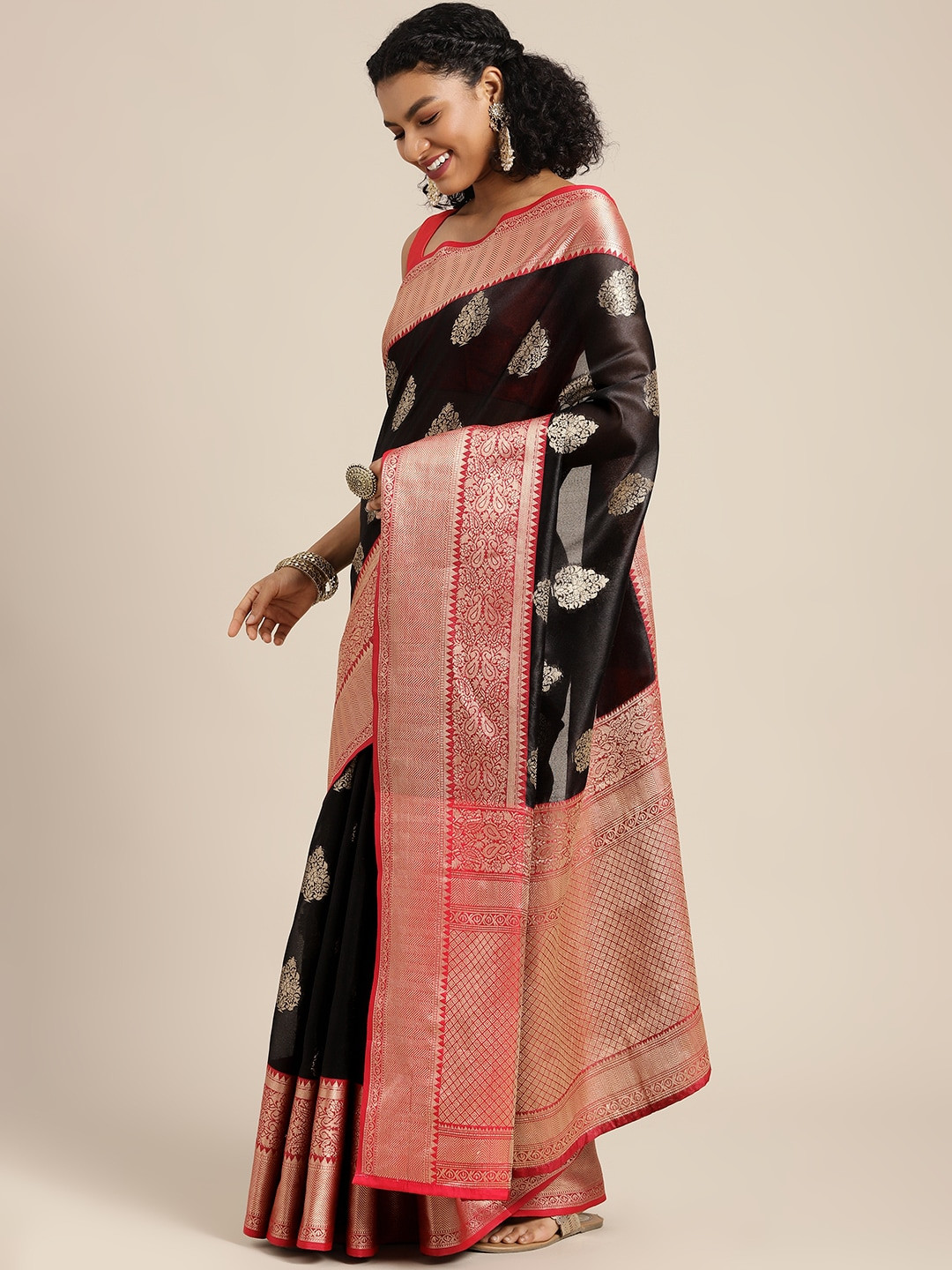 Silk Land Black & Golden Ethnic Motifs Zari Banarasi Saree