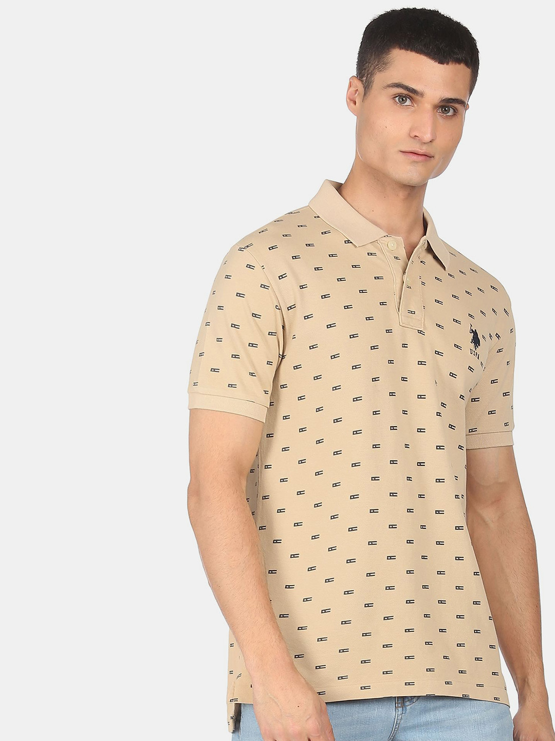 U S Polo Assn Men Beige Printed Polo Collar Pure Cotton T-shirt