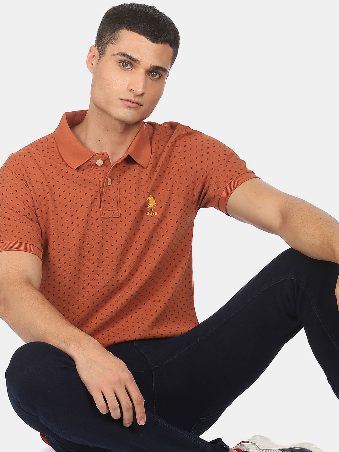 U S Polo Assn Men Orange Printed Polo Collar Cotton T-shirt