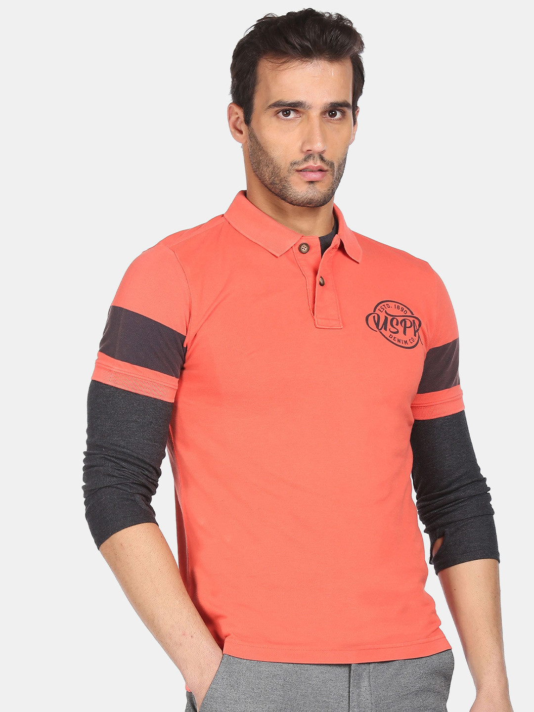 U S Polo Assn Denim Co Men Coral Solid Polo Collar T-shirt