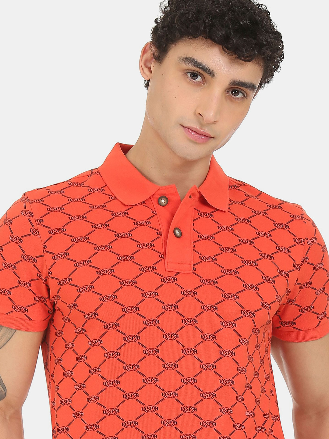 U.S. Polo Assn. Denim Co. Men Coral Orange & Black Print Polo Collar Pure Cotton T-shirt