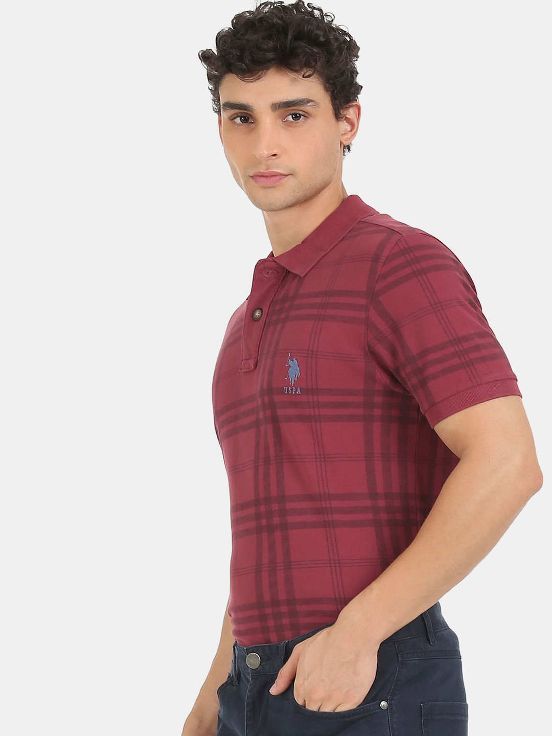 U.S. Polo Assn. Denim Co. Men Red Checked Polo Collar Pure Cotton T-shirt