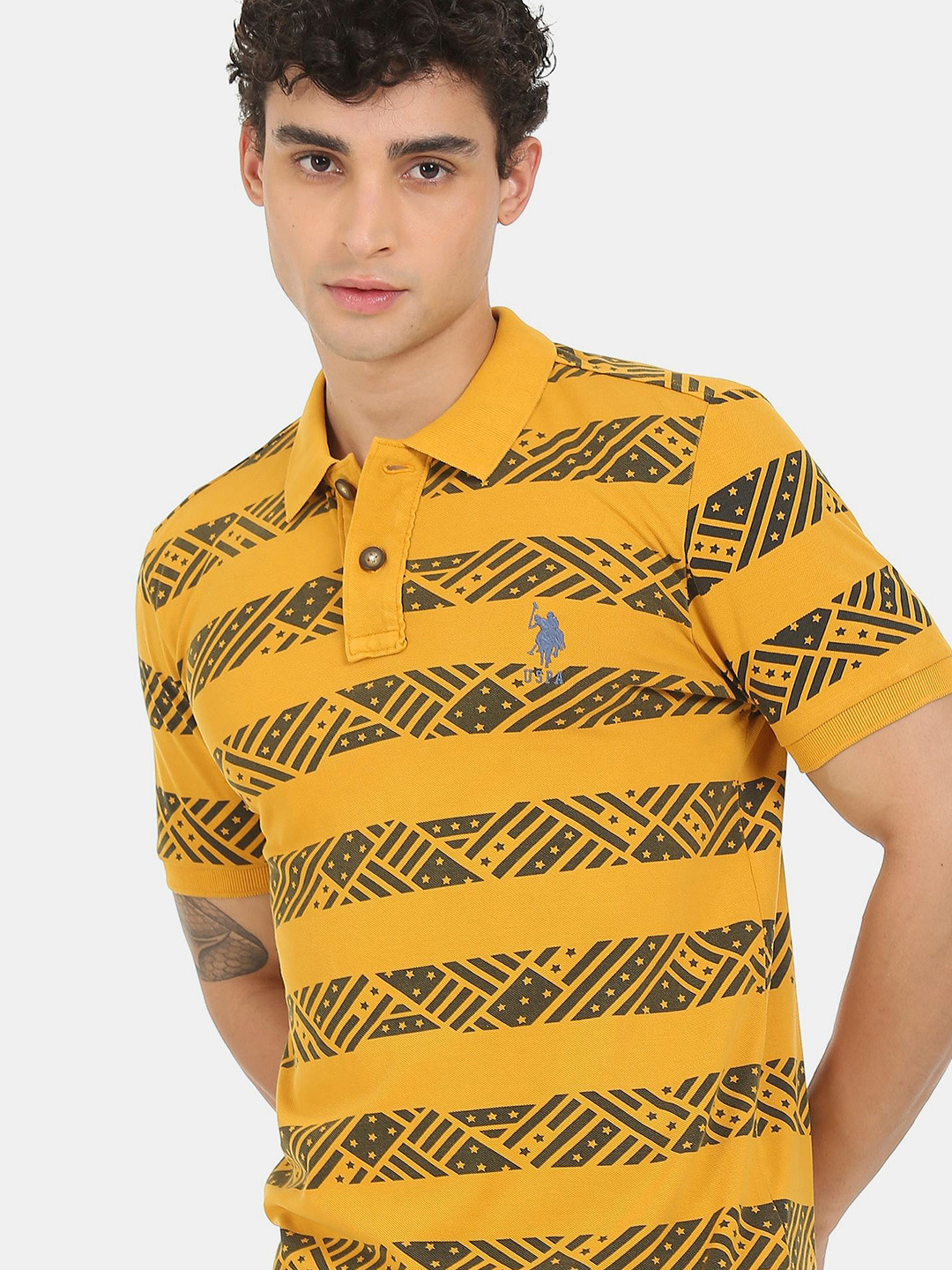 U S Polo Assn Denim Co Men Mustard Yellow Printed Polo Collar T-shirt