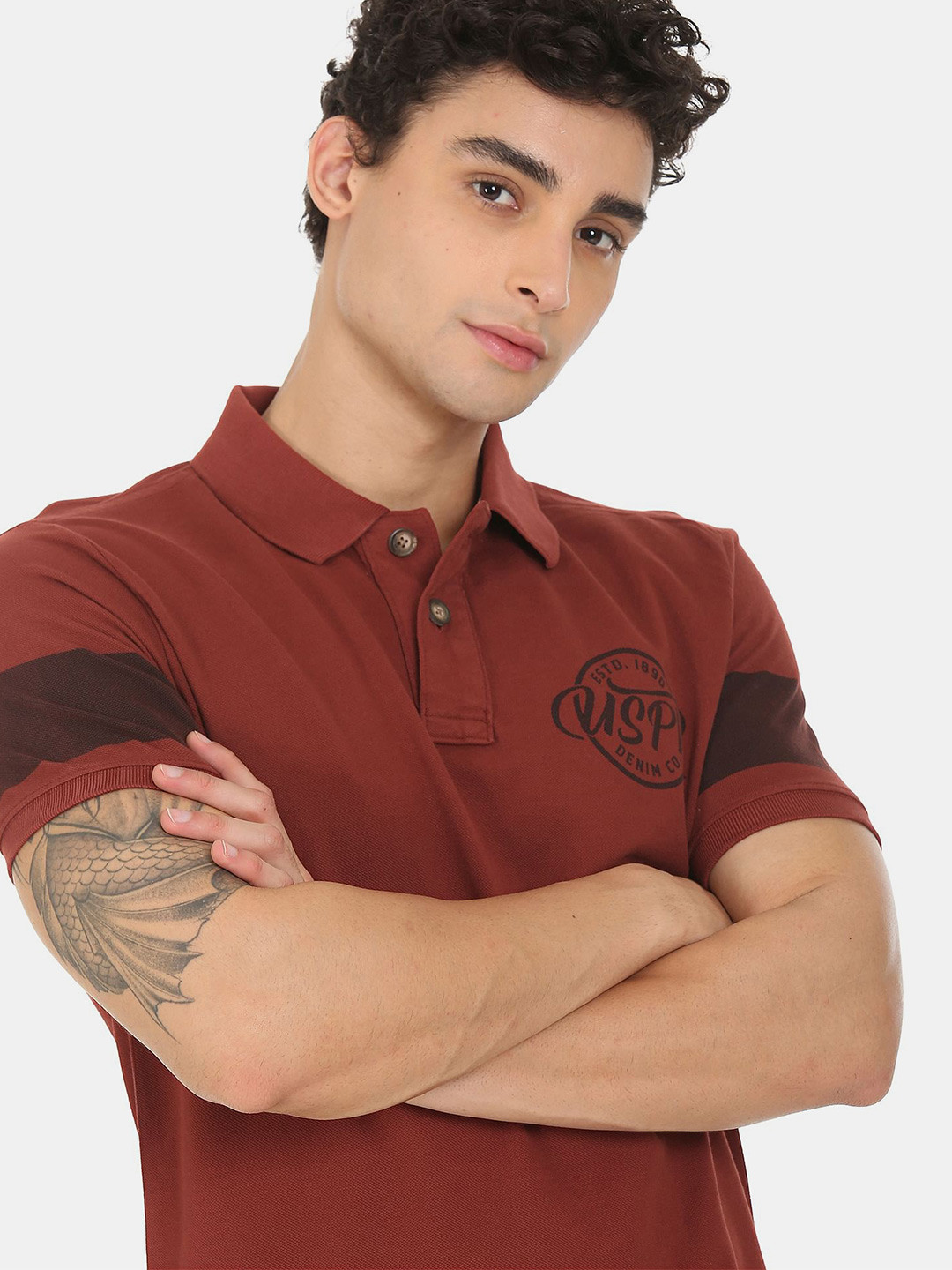 U S Polo Assn Denim Co Men Maroon Polo Collar Cotton T-shirt