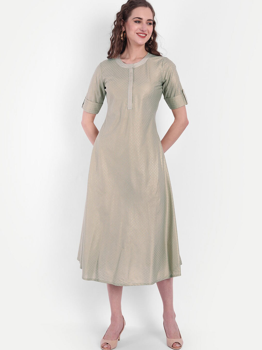 SUTI Green & Gold-Toned Checked Ethnic A-Line Midi Dress