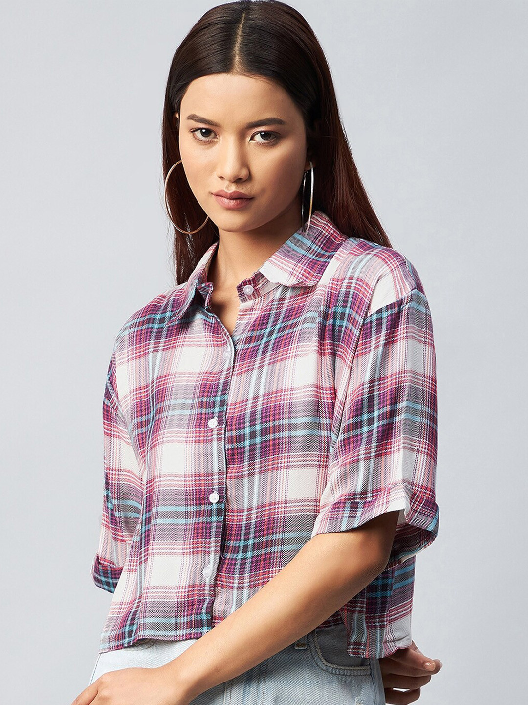 CHIMPAAANZEE Women Purple Boxy Tartan Checked Casual Shirt