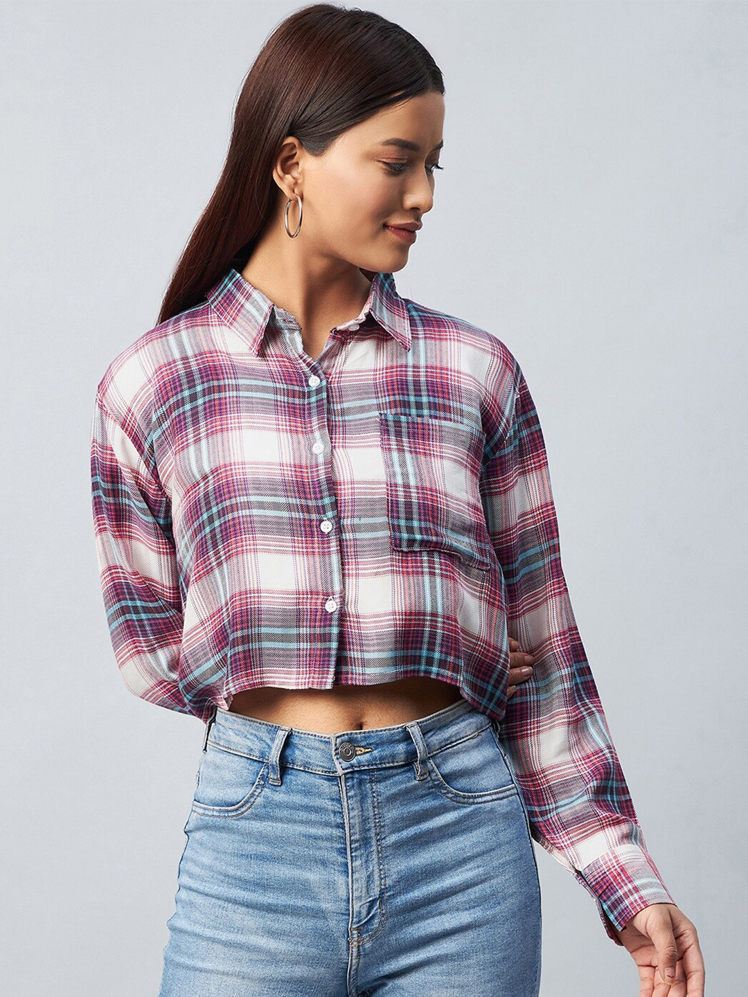 CHIMPAAANZEE Women Pink Relaxed Boxy Tartan Checks Checked Casual Shirt