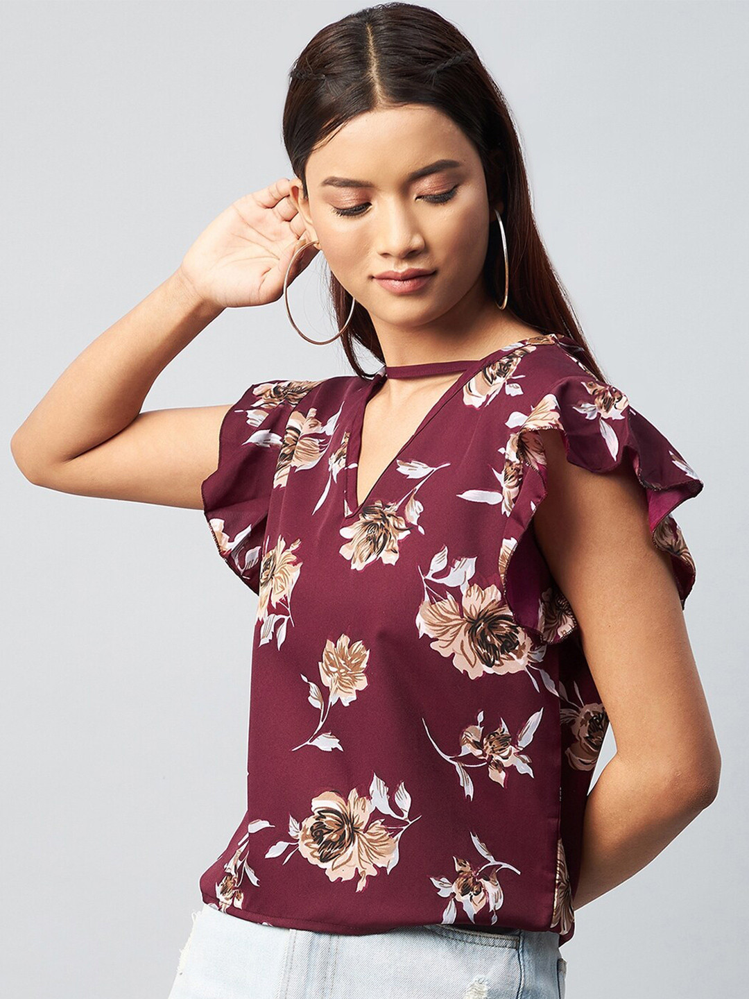 CHIMPAAANZEE Women Maroon Floral Print Crepe Top